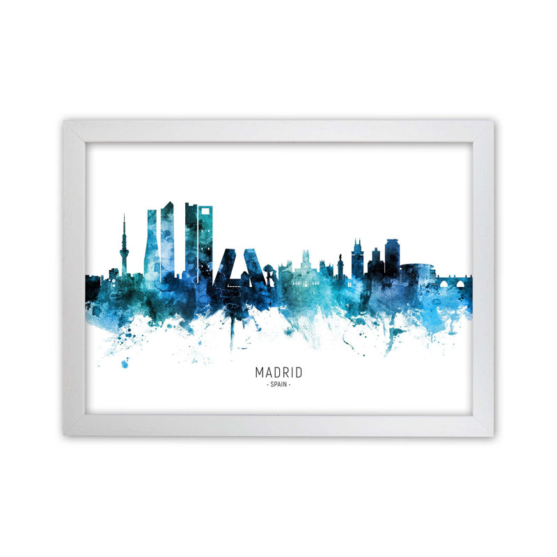Madrid Spain Skyline Blue City Name by Michael Tompsett - Print, 46cm H x 63cm W x 3cm D, White Framed