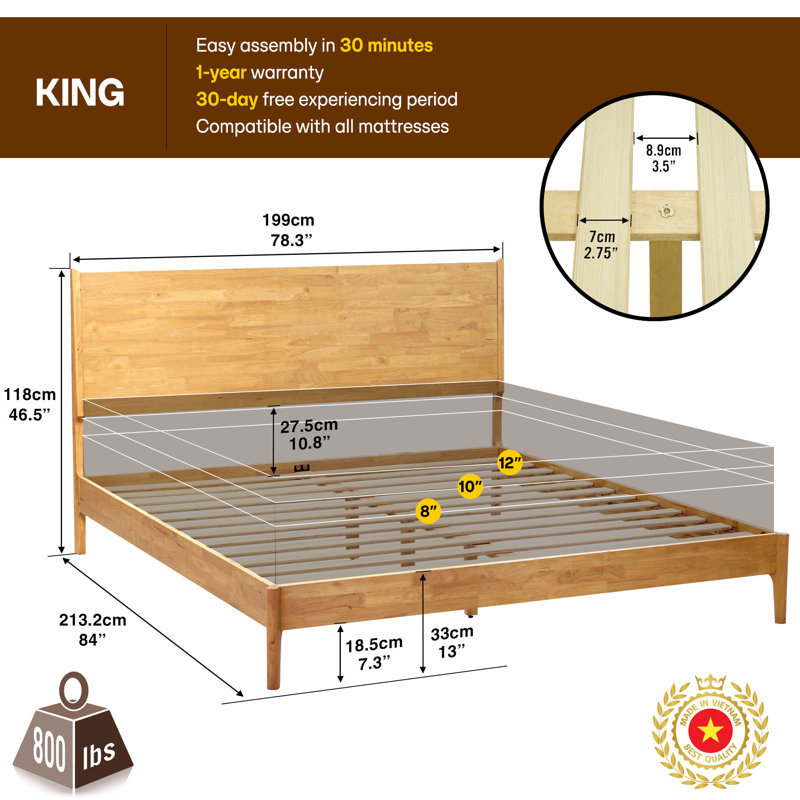 Haven King Solid Wood Bed Frame with Headboard, Natural Oak Finish Scandinavian Platform Bed All Mattress Support, 800 lbs Capacity, 5 Years Warranty