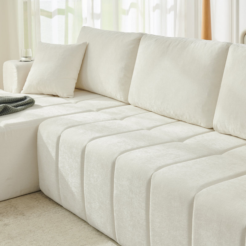 Canapé d'angle modulaire en chenille de style nuage de 108 pouces avec méridienne réversible et porte-gobelets, Beige