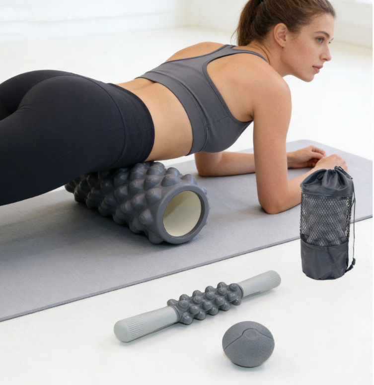 Ensemble de rouleaux en mousse 3-en-1, bâtons de massage, balles de massage, bandes de résistance pour massage des muscles profonds, déclenchement des points de déclenchement, pilates, yoga (gris)