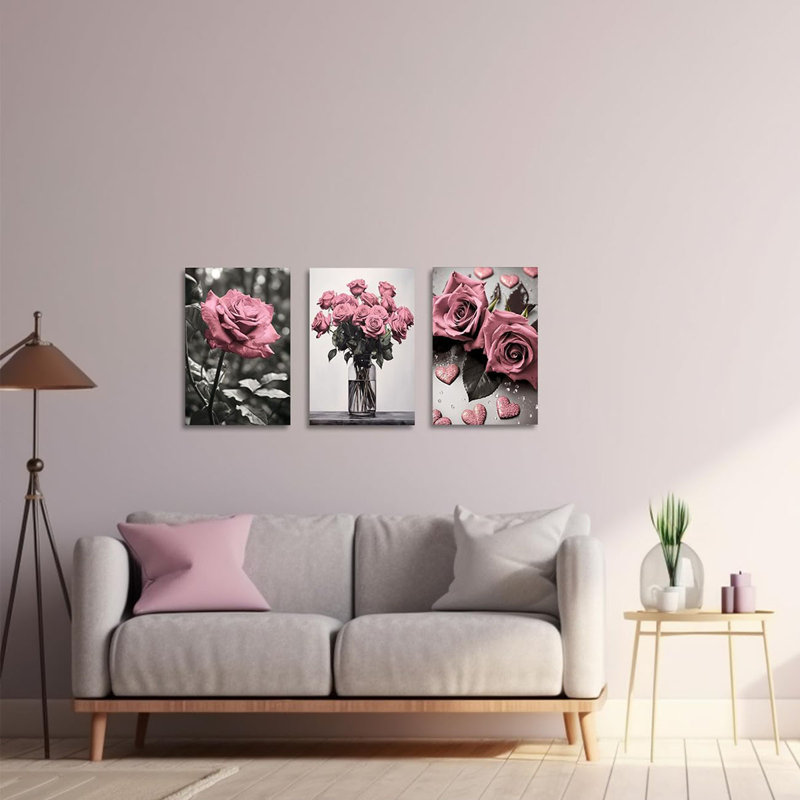 3 Piece Wrapped Canvas Print, Pink