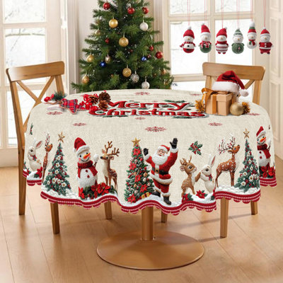 1pc round/rectangular polyester tablecloth, Christmas tablecloth with pine, snowman, truck, embosed edge, Christmas decorations for dining table, festival party holiday table decoration, perfect festival gift