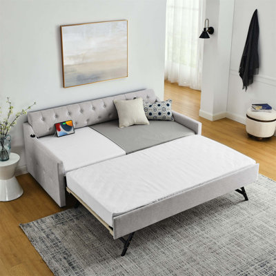Linen Upholstered Daybed With Erectable Trundle And USB Charging, Ideal For Modern Living And Guest Accommodation