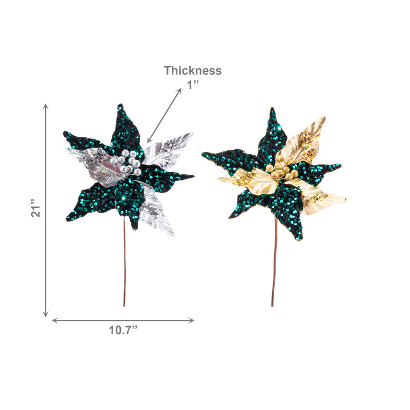 Choix de poinsettia en velours vert et doré à paillettes métalliques - ensemble de 6