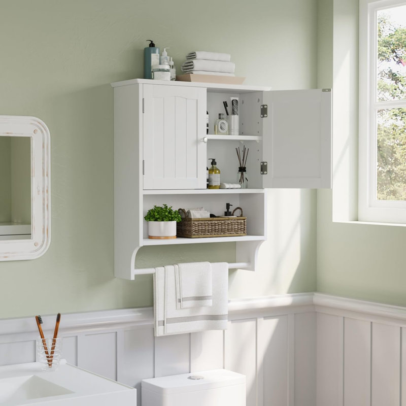 White Bathroom Cabinet Wall Mounted With Towels Bar, Bathroom Medicine Cabinet With 2 Door Adjustable Shelves, Over Toilet Cabinet For Bathroom Laundry Room Kitchen