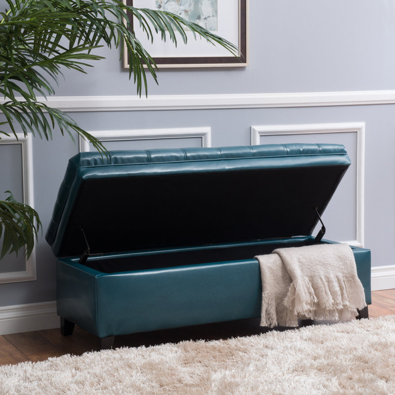 Banc de rangement avec repose-pieds Cancia, Simili bleu sarcelle