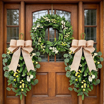3pcs Artificial Green Eucalyptus Teardrop Wreath Swags With Olive Leaves & Mixed Berries For Front Door, Spring & Summer Farmhouse Decor, Indoor & Outdoor, Home, Wall, Wedding & Festival Decoration