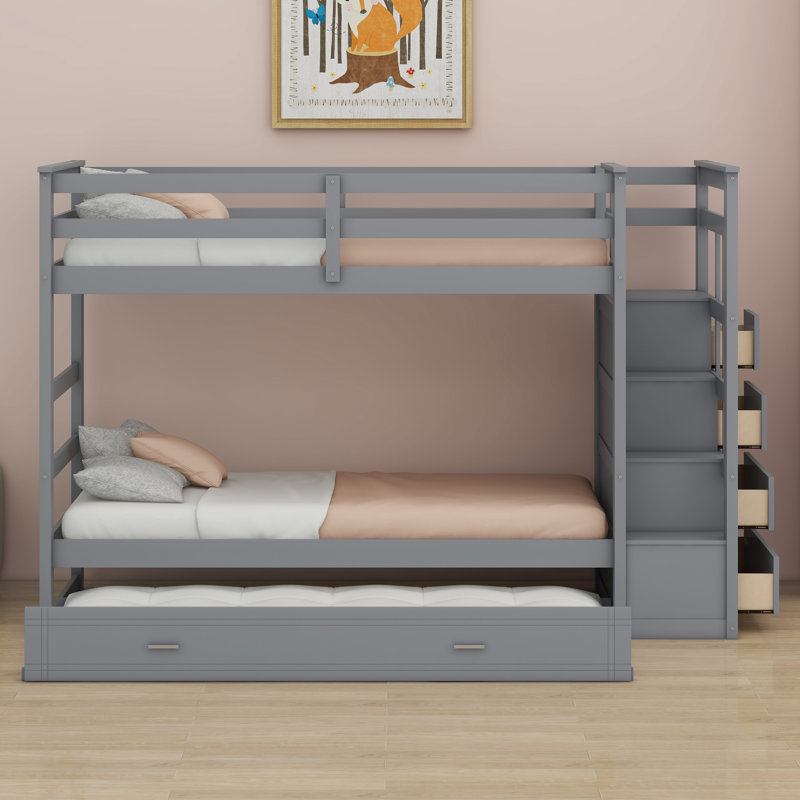 Bunk Bed With Trundle And Staircase, Gray