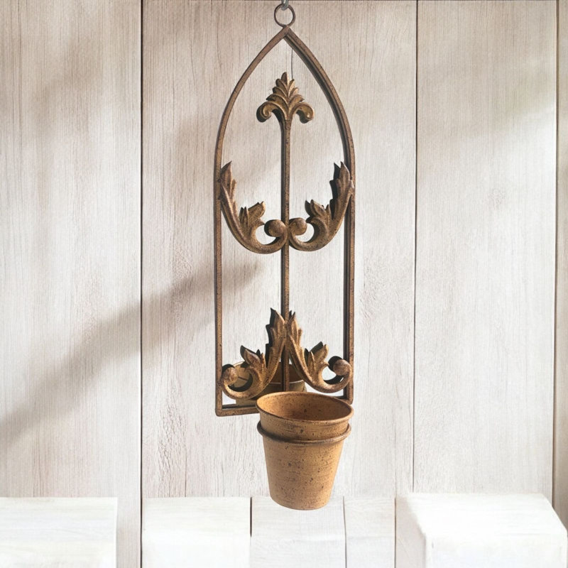 Metal Wall Mirror with Planter Holder Antique Finish Indoor Outdoor Hanging Garden Decor Accent Piece