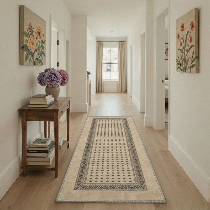 Novara Boho Vintage Floral Machine Washable Beige / Brown Indoor Area Rug with Non-Slip Backing, Runner 2'3" x 6'