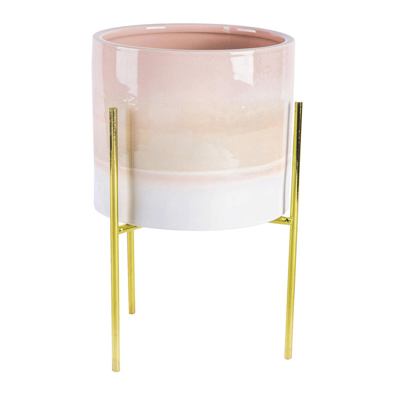 Nicola Spring - Reactive Glaze Plant Pot on Stand - 19cm, Natural/Gold