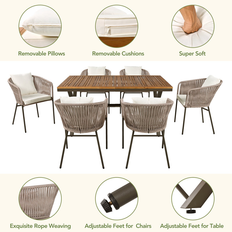 7-Piece All-Weather Patio Dining Set with Acacia Wood Tabletop & Metal Frame for Garden & Backyard