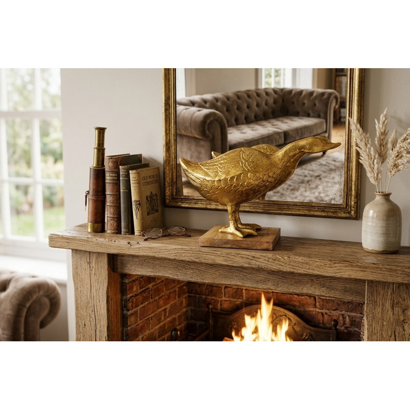 Veans Aluminum Duck on Wood Figurine, Gold