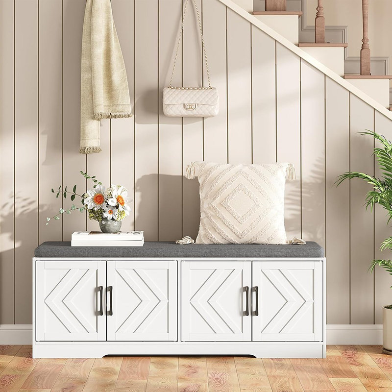 Banc de rangement pour chaussures, banc de vestibule extra long avec rangement pour chaussures, banc d'entrée avec grande capacité, étagère à chaussures à 2 niveaux avec coussin de siège rembourré, 4 portes de grange, tablettes réglables