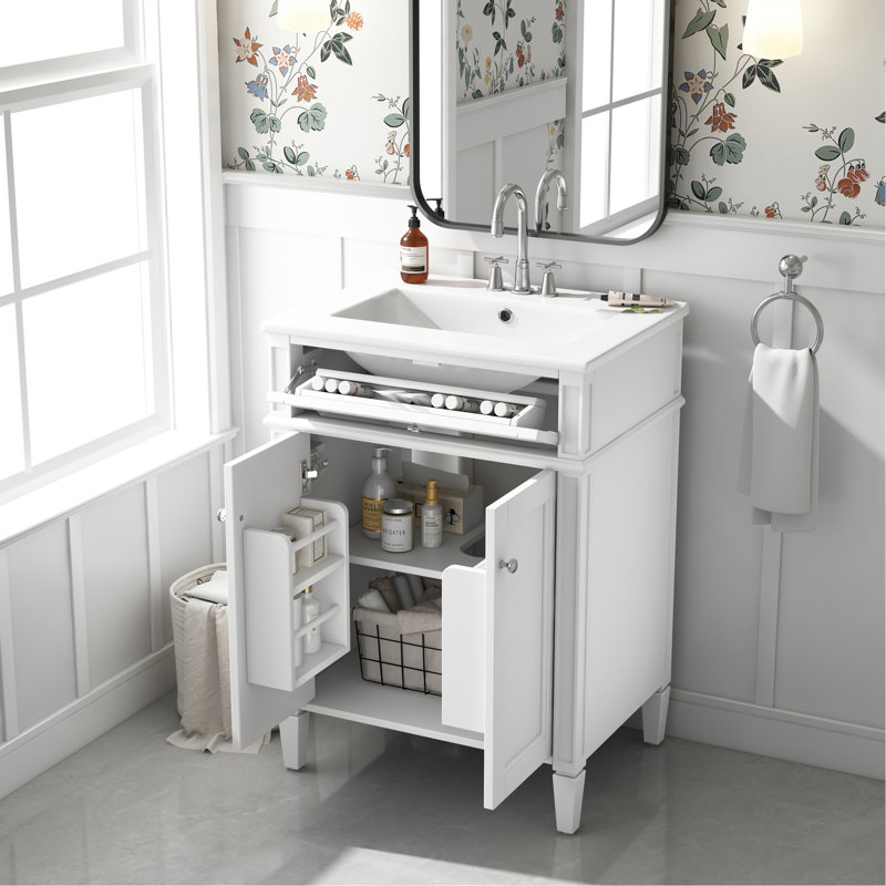 Meuble-lavabo 24 po, lavabo, construction en bois massif, armoire et tiroir fonctionnel pour la salle de bain 24 po avec finition blanche, deux portes, un tiroir, des espaces de rangement