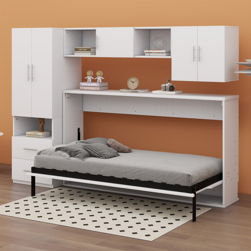 Murphy Bed With Open Shelves And Storage Drawers,Built-In Wardrobe And Table