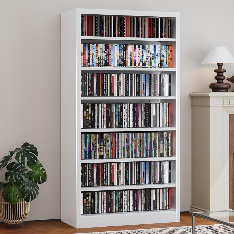 Metal DVD Storage Cabinets, 7-Tier CD Storage Rack with Adjustable Shelves, White