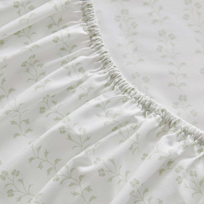 Martha Stewart Ditsy Vine Cotton Percale Green Sheet Set, Full Sheet Set with 2 Pillowcases, Green Floral
