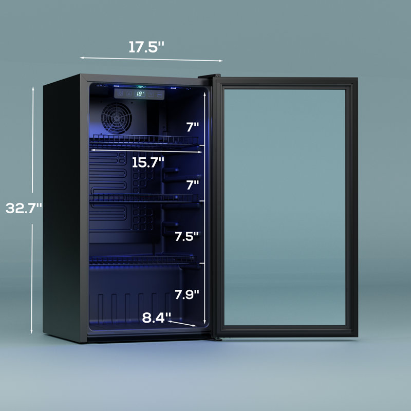GUNJI 17.5'' W Freestanding 3.2 Cubic Feet Beverage Cooler with Glass Door, 32.7"H x 17.5"W x 18.5"D