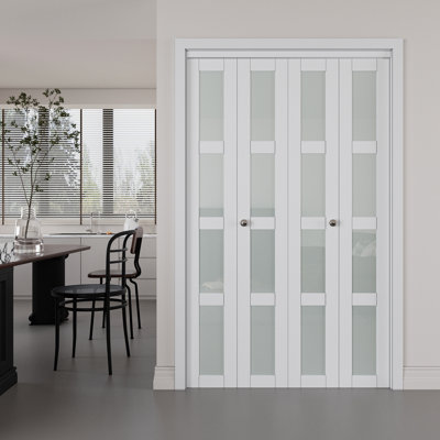 Double 4-Lite Glass Door Solid Manufactured Wood Double Bi-Fold Doors with Installation Hardware Kit