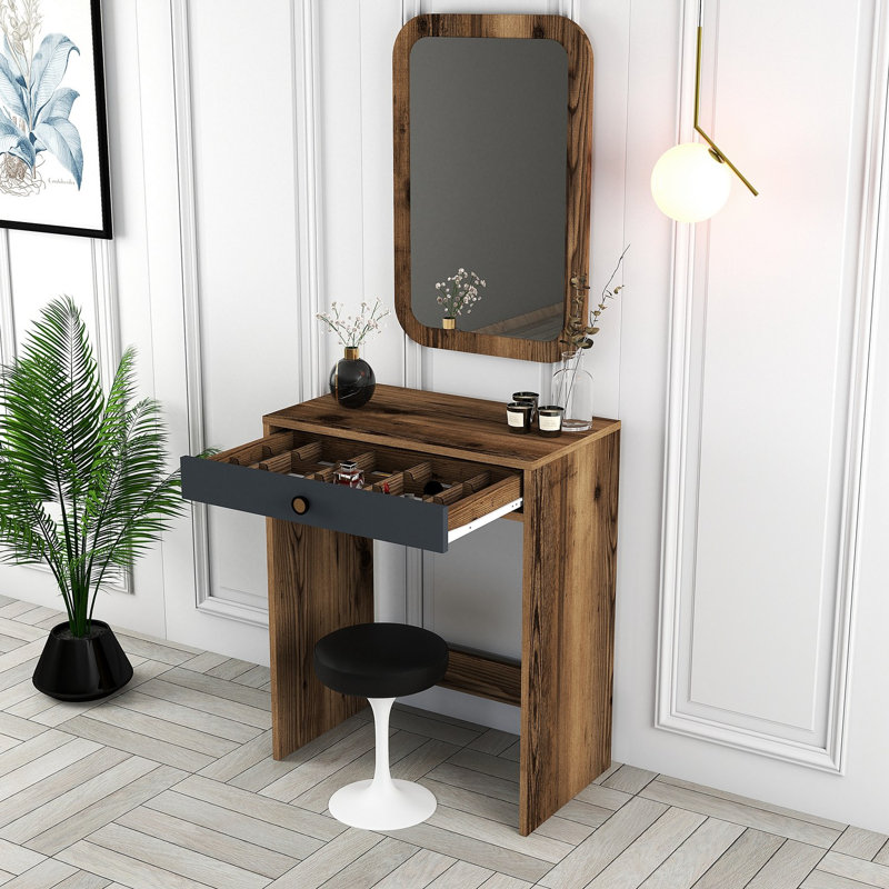 Modern Make-Up Table with Mirror, Walnut & Anthracite, 27.6 x 15.7 x 33.1 inches | 100% Melamine Coated Particle Board, 0.7 inch Thickness | Stylish Design for Beauty Lovers, Space-Saving and Functional