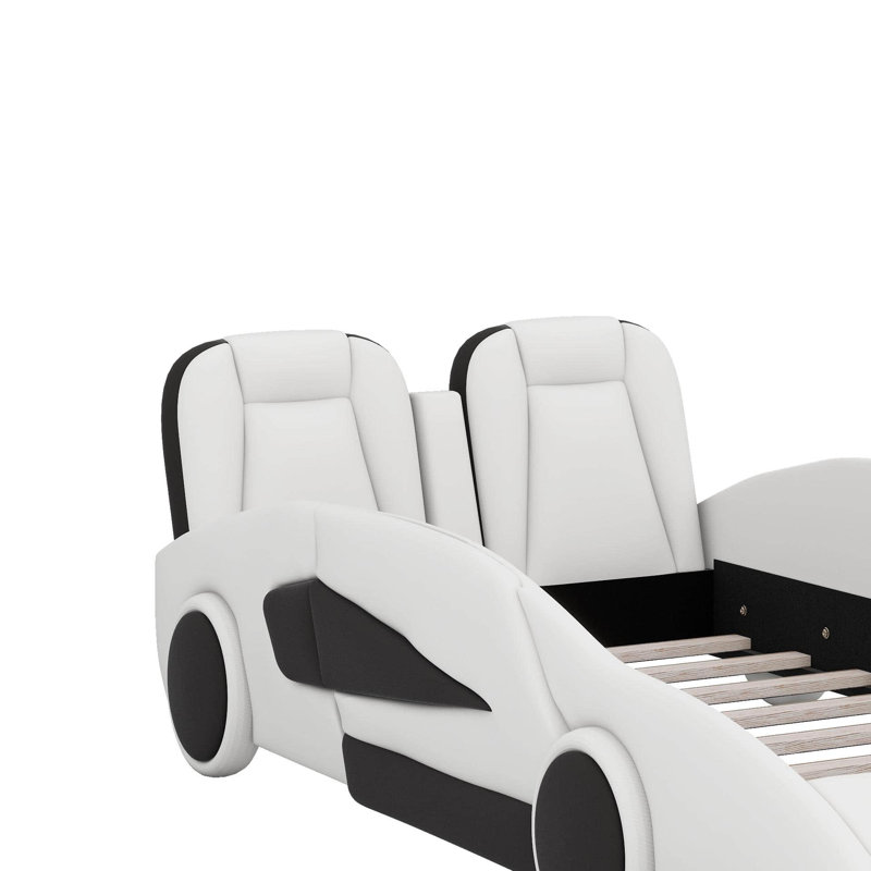 Lit plateforme simple en forme de voiture avec roulettes, Blanc