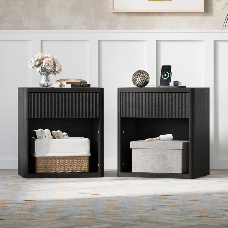 Valerica 1-Drawer Fluted Nightstand with Charging Station, Black