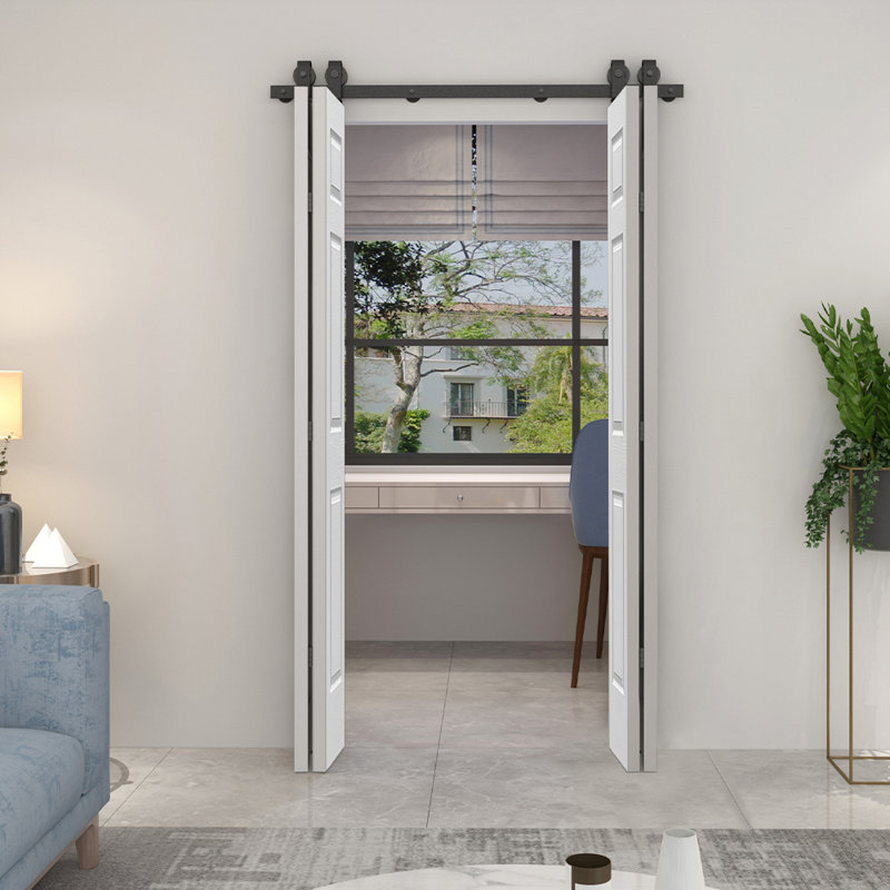 60 in. x 80 in. White Painted MDF Double Bi-Fold Barn Door with Sliding Hardware Kit
