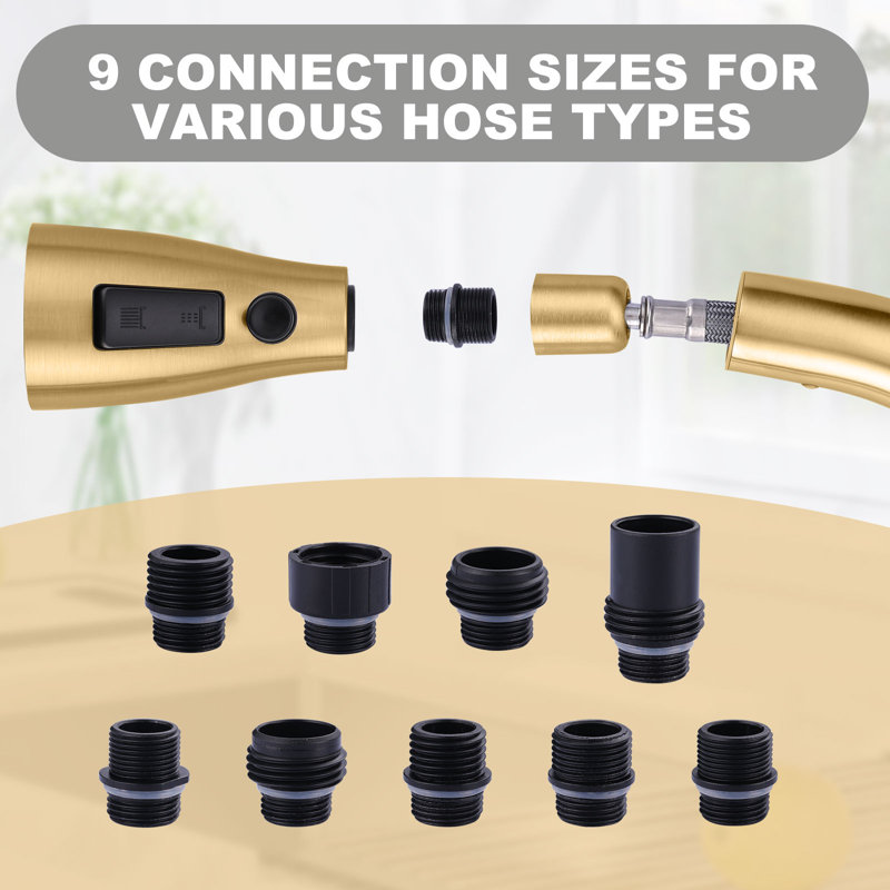 Gold 3-Function Kitchen Faucet Spray Head with 9 Adapters
