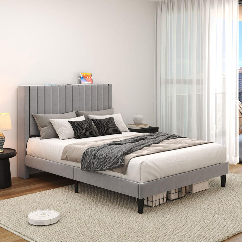 Alti 44.8'' Velvet Upholstered Tufted Bed with Charging Station, Queen, Black