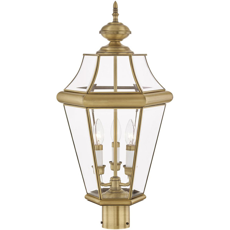 Outdoor Post Lantern Pendant Light Fixture Clear Beveled Glass Shade, Antique Brass
