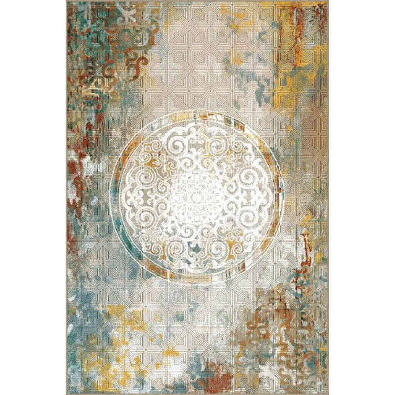 Framed Siesta Motif Traditional Woven Based Washable Carpet, Round 3'4"