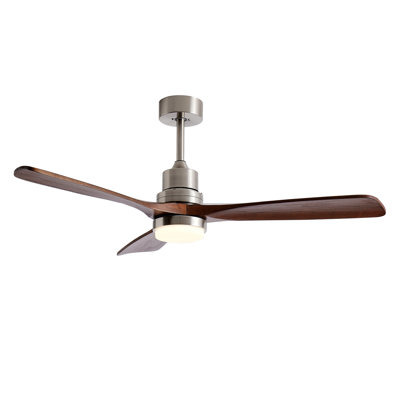 Ventilateur de plafond 52 po en nickel brossé avec lumière et télécommande, 3 pales en bois de noyer, 3 températures de couleur, 6 vitesses, moteur à courant continu réversible, minuterie, fixation sur tige verticale