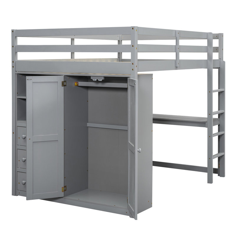 Lit mezzanine double pleine grandeur avec bureau intégré, garde-robe et unités de rangement pratiques, Gris