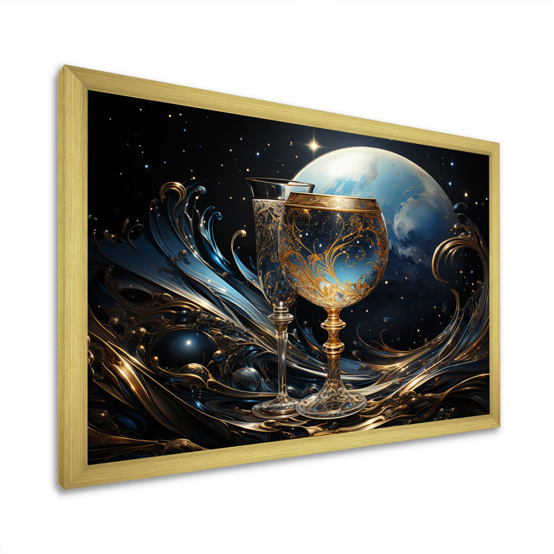 Verre à vin Somas saphir sérénité - impression, Cadre doré simple, H 30 po x l 40 po x P 1,5 po