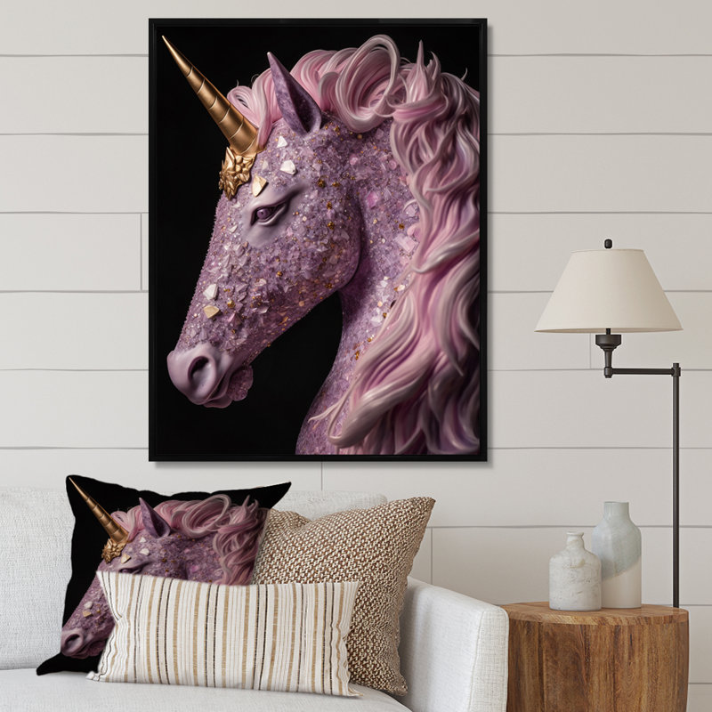 Portrait d'une licorne rose en 3D sur toile, H 20 po x l 12 po x P 1 po, Cadre flottant noir