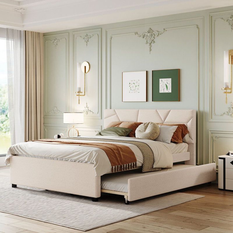 Lit plateforme tapissier avec lit gigogne, Beige, Grand