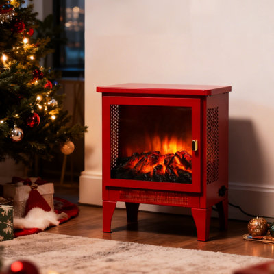 18 - Inch Freestanding Electric Fireplace Stove In Red With 3D Flame, High Security Features, Two Speed Heat Control, 50000 Hours Led, Three Sided View, Easy To Move, Decorative Aesthetics Heater