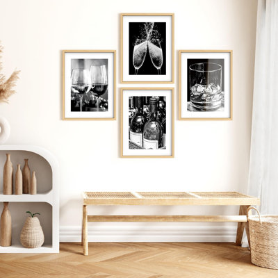Art mural encadré, ensemble de reproduction de galerie, verre à vin blanc et noir, boissons alimentaires, art moderne, célébrations culinaires minimales pour le salon, la chambre à coucher, le bureau