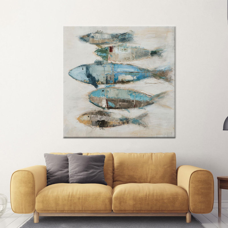 «Modern Boho Fish», impression sur toile élégante, décorations dorées 1P, H: 35,5 po x l: 35,5 po