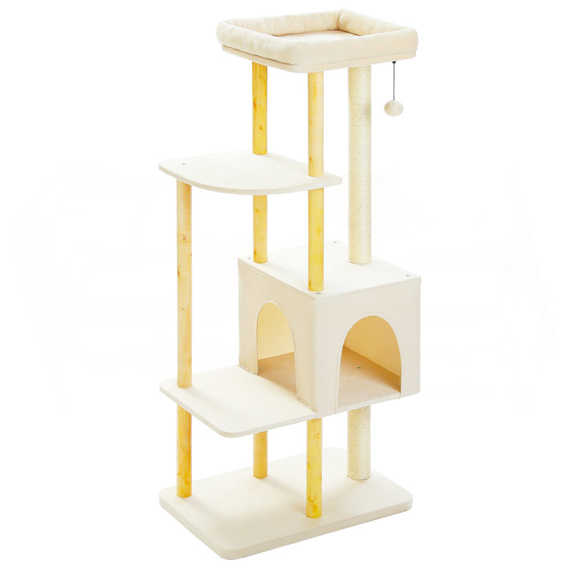 53" Modern Wooden Cat Tree, Beige