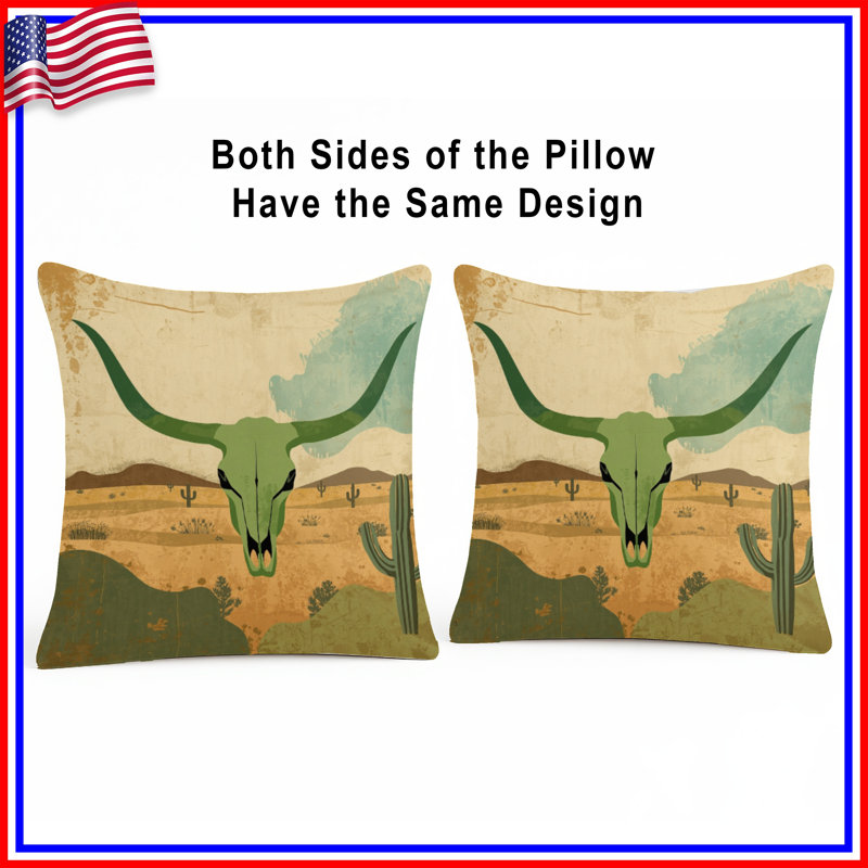Coussins Green Bull Skull, 18 x 18 inches
