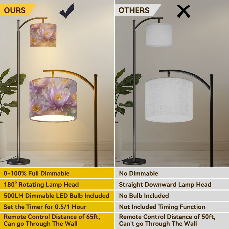  Lampe sur pied Arc Fleurs de lotus mauves Accents de cristal Élégant grand lampadaire moderne DEL Abat-jour réglable en lin 3 températures de couleur