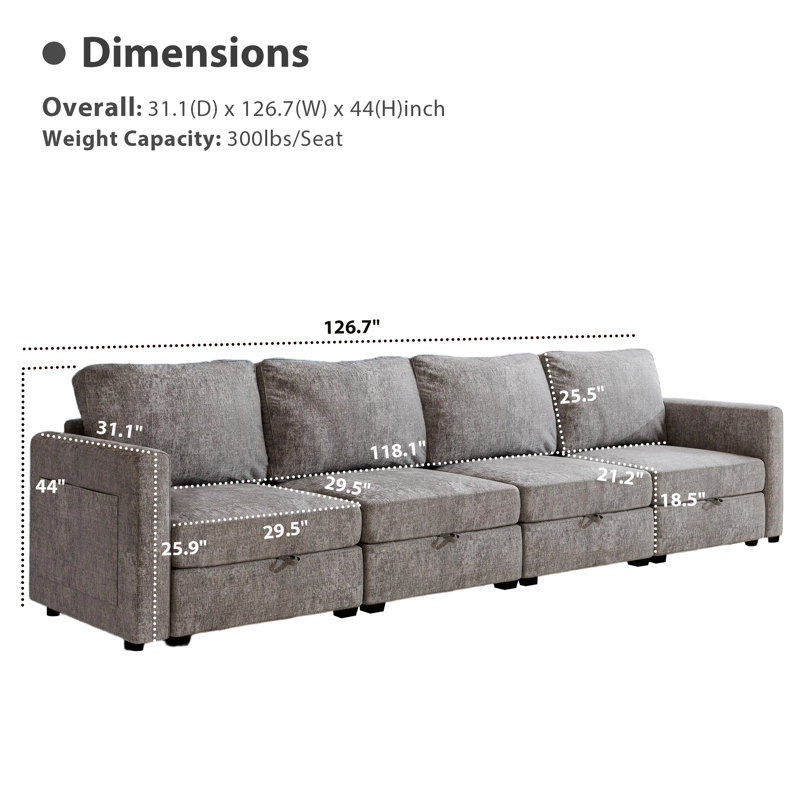 Canapé modulaire en chenille de 126 po, Gris
