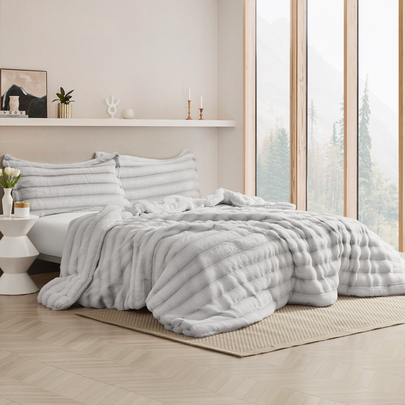 Ensemble d'édredon surdimensionné en fausse fourrure Coma, Édredon pour très grand lit + 2 très grandes ta, gris