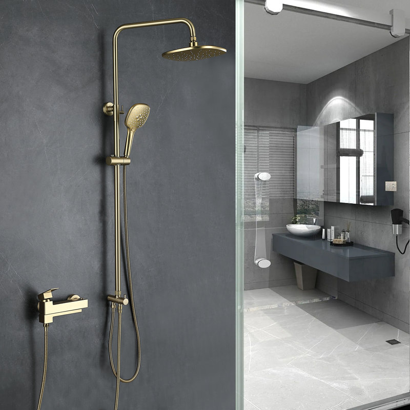 Diverter Complete Shower System with Rough-in Valve with Rain Shower Heads, Brushed Gold