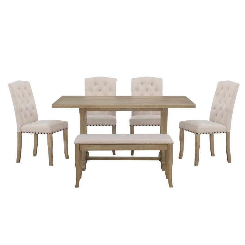6-Piece Farmhouse Dining Table Set, Rectangular Trestle Table and 4 Upholstered Chairs & Bench for Dining Room
