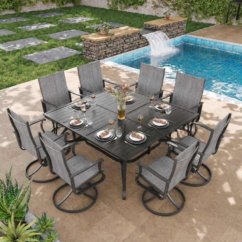 Ensemble repas pour 8 personnes avec fauteuils pivotants 360 ° et table en métal, Noir / gris foncé