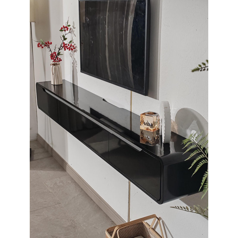 Meuble télé 55 po flottant ultrabrillant, centre de divertissement mural avec 3 portes, H 8,8 po x L 55 po x l 9,4 po