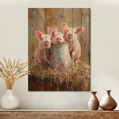 Portrait de lait et de cochons à la grange I - Art mural en bois animal cochon - sur bois de pin naturel